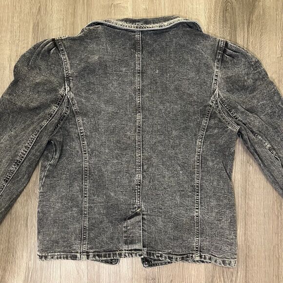 Boutique Collared Denim Jacket Military Puffed Sleeves With Buttons In Charcoal - Picture 7 of 8